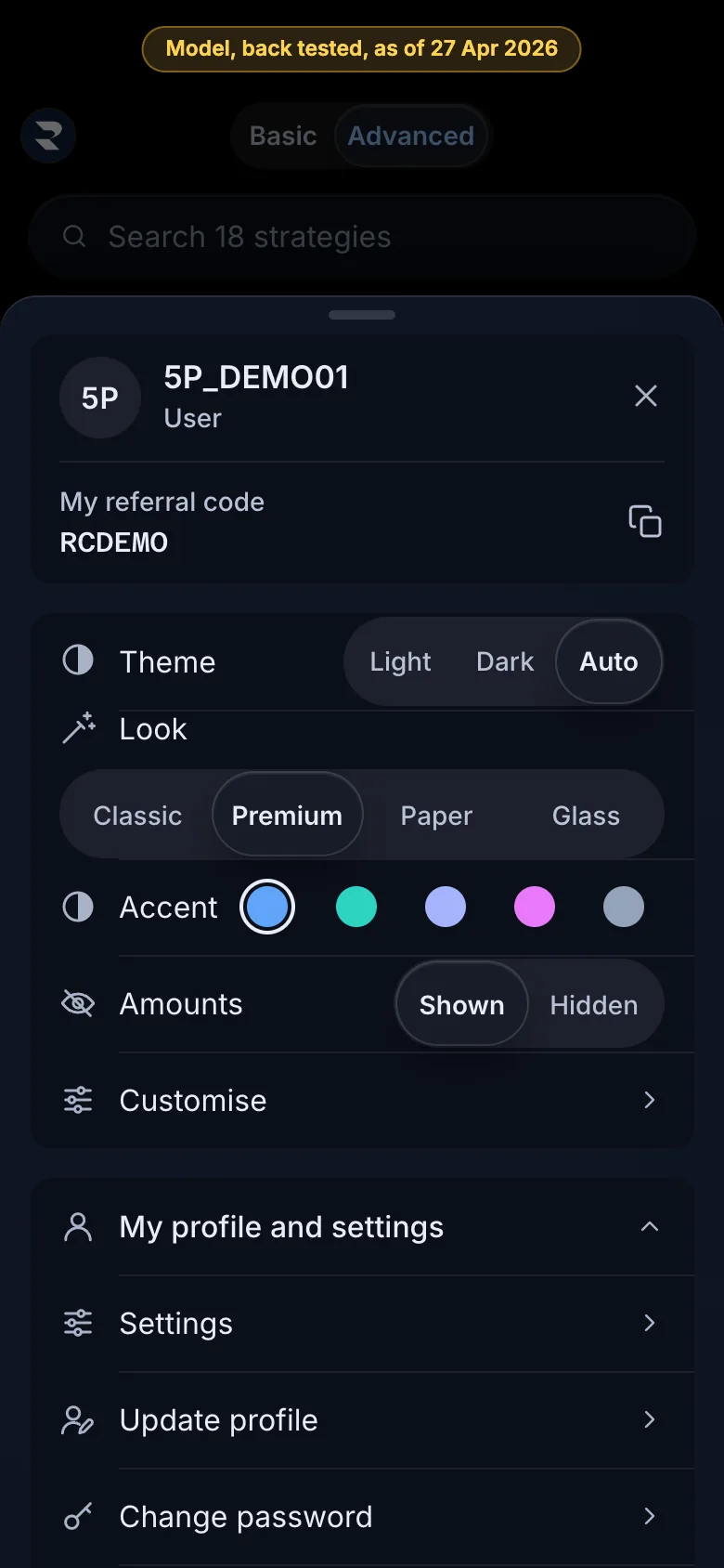 The account menu on a phone: Theme, the Look row with Classic, Premium, Paper and Glass, five accent swatches, and Amounts shown or hidden