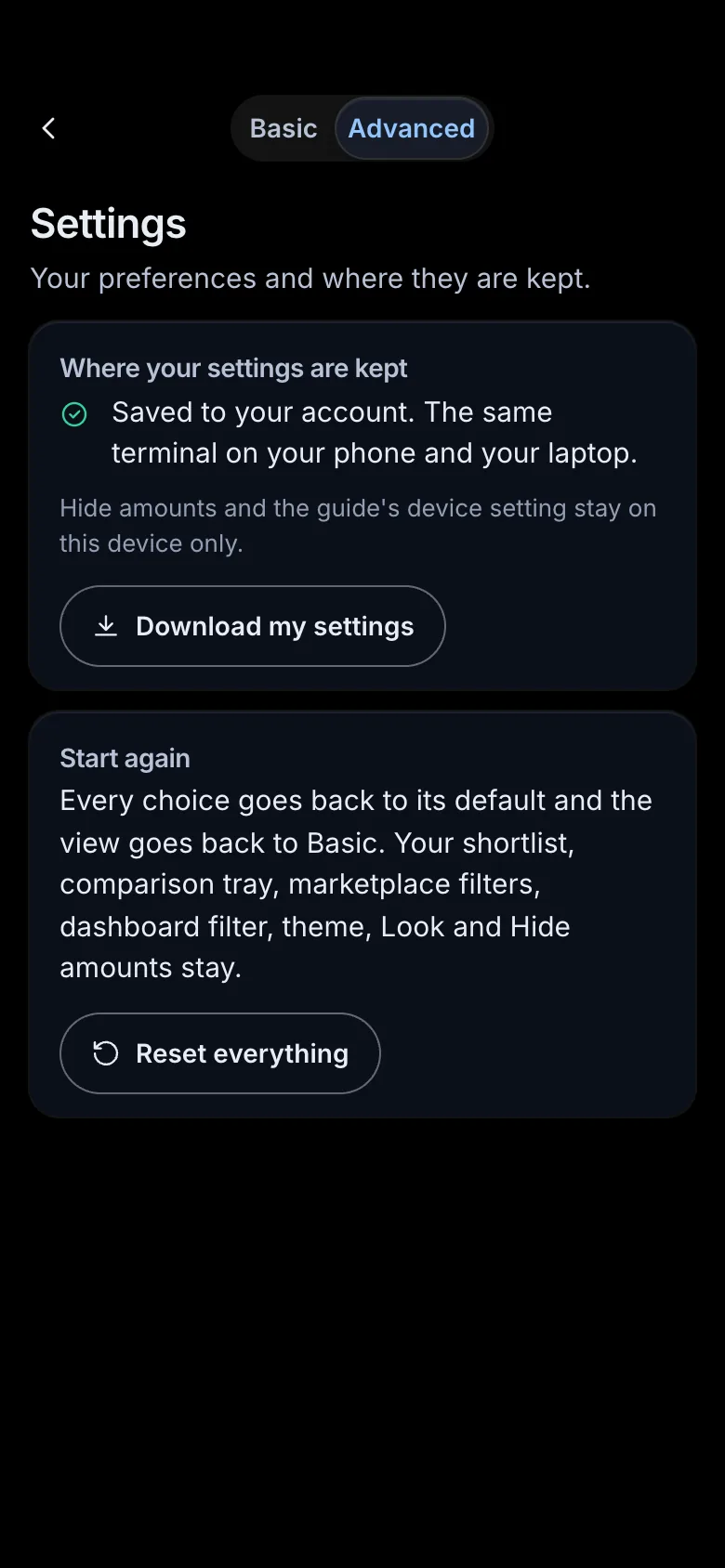 The Settings page on a phone: where the preferences are kept, Download my settings and Reset everything
